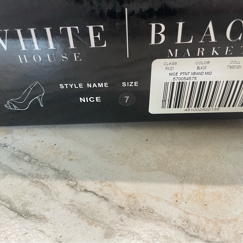 White House Black Market Black Patent Leather open toe cross front style heel - Picture 5 of 9